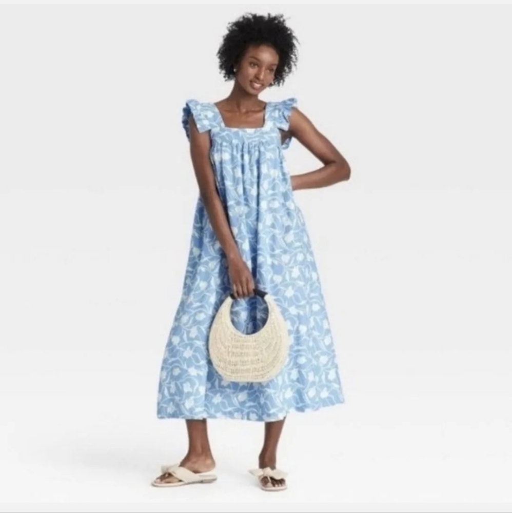 A New Day Blue Floral Ruffle Sleeve Linen Blend Midi Dress A-Line Pockets NEW